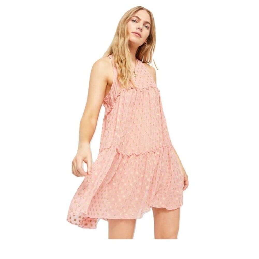 Free People Sophia tiered metallic sheer slip dress size S